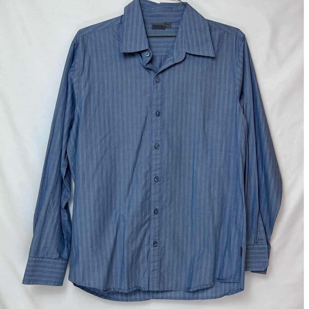 Kathmandu Men's Blue Striped Long Sleeve Dressy Preppy Shirt - Size M